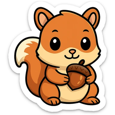 A baby squirrel holding an acorn in sticker style with transparent background. Please maintain the cartoonish sticker style look. sticker