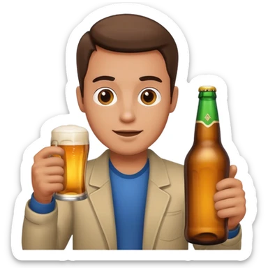 A man holding a beer bottle sticker