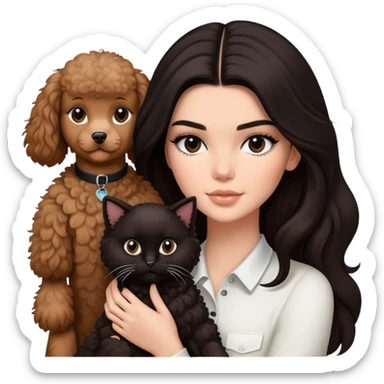 Kendall Jenner with long dark hair, holding a brown poodle and a black and white cat sticker