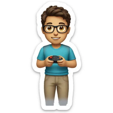 light Hispanic boy with brown hair and glasses holding a gaming remote sticker