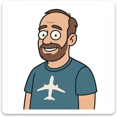 aviation geek short-bearded man, brown hair, slightly balding, close trimmed beard, flat toon style sticker