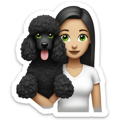 girl in white t shirt with long straight brunette hair and green eyes with black  poodle sticker