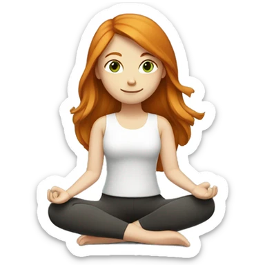ginger girl, straight hair, middle length, green / brown eyes, doing yoga, with a book sticker