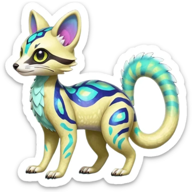 Rare realistic neon-colored iridescent shiny warm-colored lush tropical exotic cute epic pretty beautiful handsome gorgeous aesthetic colorful vibrant Vernid-Protogen-Primagen-Wickerbeast-Genet-Trico-species-Fakemon-hybrid-creature by LiLaiRa, beautiful intricate markings, full body sticker