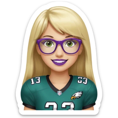 long blonde hair with straight bangs, wearing black rectangle glasses, female, green eyes football player wearing eagles uniform jersey number 33 holding football smiling purple lipstick sticker