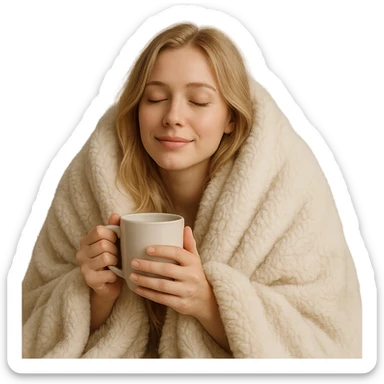 blonde girl inside a fluffy blanket, holding a coffee mug, eyes gently closed, relaxed expression sticker