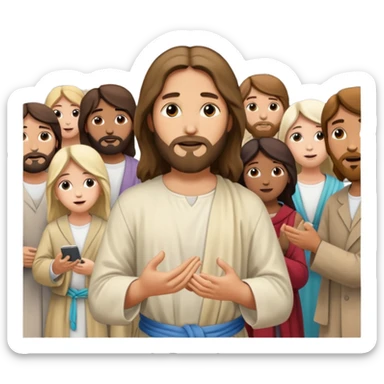 Jesus helping someone in need on a city sidewalk, surrounded by a diverse group of bystanders sticker