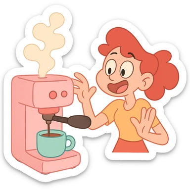 pastel pink coffee machine, calArts 2010s cartoon style, whimsical, with steam sticker
