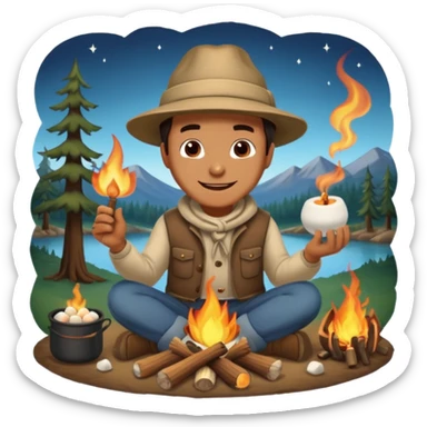 A man roasting marshmallows over the campfire with a warm grin. sticker