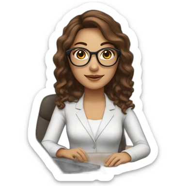 Support analyst woman white, brown curled long hair, brown eyes, Brazilian, white glasses, with a computer and a headset sticker