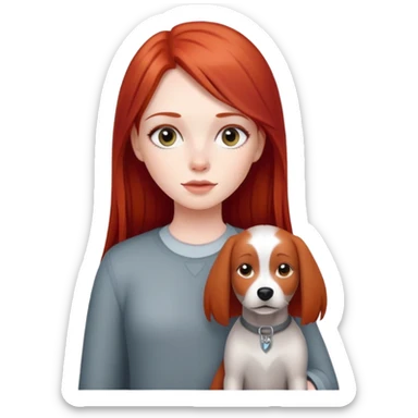 Girl with straight and long red hair with a gray dog sticker