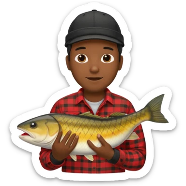 Ung man med svart keps röd gul rutig flanellskjorta hållandes stor torsk sticker