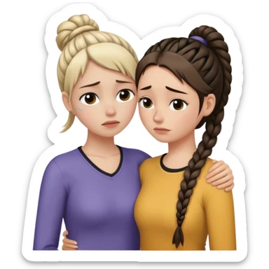 Comforting Hug two white skin women, one shorter woman with medium brown simple top ponytail, not braided, and one taller skinny sad face woman with a single long black side braid sticker