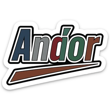 Text image of the name 'Andor' in a masculine, modern font with gradient colors (blue, gray, burgundy, green, brown), precise Hungarian characters, dark contour, extra thick, prominent white letter border, dynamic slanted underline, 1000x1000 px, PNG, transparent background. sticker