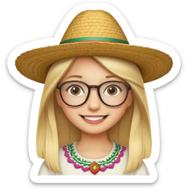 blonde girl with straight hair and glasses with a Mexican hat  sticker