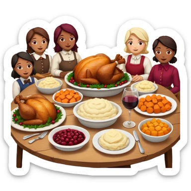Thanksgiving Dinner with 10 people of different skin color around the table; have the food be a cooked turkey, mashed potatoes, corn, a basket of biscuits, a small bowl of cranberry sauce, baked yams, steamed vegetables, and a bottle of wine. sticker