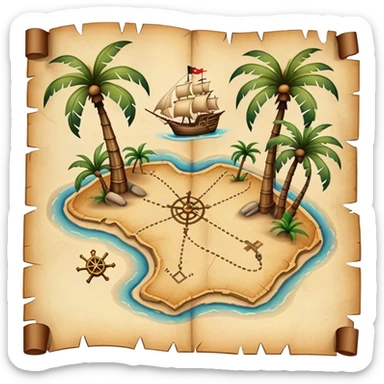 A detailed pirate treasure map with dotted paths, palm trees, and X marks the spot sticker