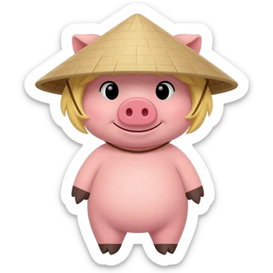 pig with blonde hair wearing vietnamese traditioanl hat sticker