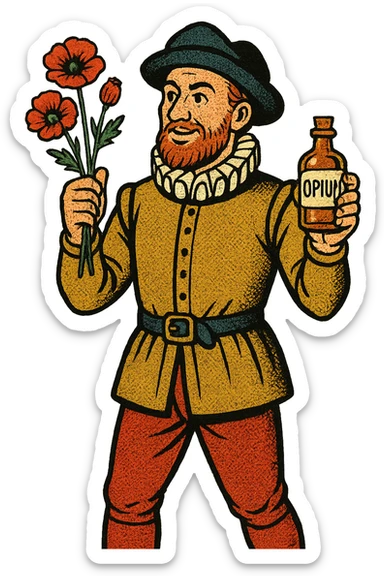 the full body of a tudor explorer sailor holding small poppies and an old medicine bottle with the word opium on it sticker