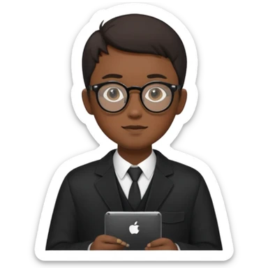 a asia man guy his 20s wearing an apple notebook, wearing bodyguard radio operator, round glasses, blackclothes sticker