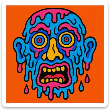 freaky face, surreal, melting, vibrant colors, cartoon style sticker