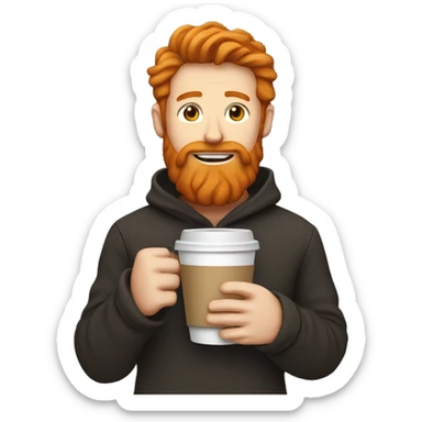 A ginger man with a beard holding a coffee sticker