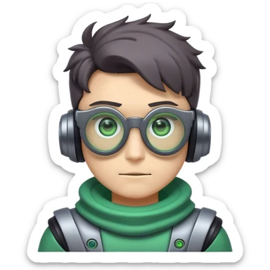 estilo de emote de twitch, personaje con gafas roboticas con ojos verdes, color de piel gris oscuro pero el cuello color piel normal, tiene la sudadera del personaje Agoti de FNF y el pelo castaño y desordenado sticker