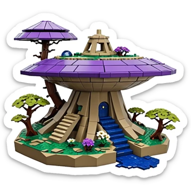 Crashed Alien saucer-castle jungle Lego winding footpath mountainside getaway haunted nighttime hobbit landscape antique mudman very old broken cracked intricate Stone Age lapis-crusted irregular dodecagon-shaped shallow dark moss rough bark violet flowered maple treehouse bonsai Saikei sticker