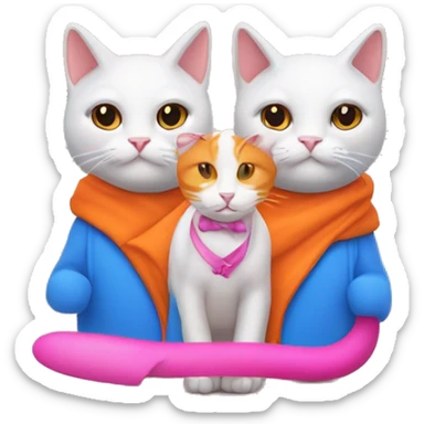 Dos gatos, uno de ellos naranja con un lazo azul y otro de ellos carey con un lazo rosa  sticker