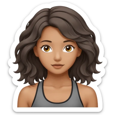 a brunette girl doing yoga, she is wearing a grey fit and she has dark wavy and loose hair.  sticker
