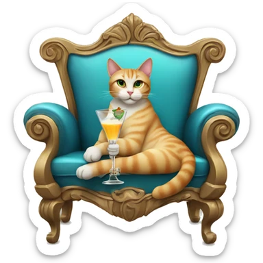A cat lounging on a throne holding a fancy martini glass filled with milk sticker