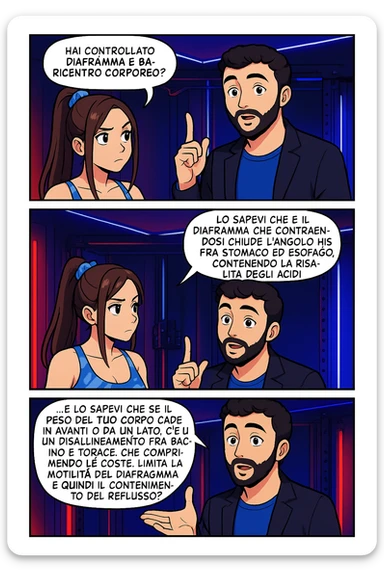 TRASFORMA QUESTO CAROSELLO IN UN FUMETTO STILE WEBTOON/MANGA A COLORI CON QUESTE DUE PERSONE IDENTICHE CHE INTERLOQUISCONO TRA LORO, L'uomo sta spiegando alla donna questo concetto:

LUI (UOMO): Hai controllato diaframma e baricentro corporeo?
LUI (UOMO): Lo sapevi che è il diaframma che contraendosi chiude l’angolo his fra stomaco ed esofago, contenendo la risalita degli acidi grassi?
LUI (UOMO): …e lo sapevi che se il peso del tuo corpo cade in avanti o da un lato, c’è un disallineamento fra bacino e torace, che comprimendo le coste, limita la motilità del diaframma e quindi il contenimento del reflusso? sticker