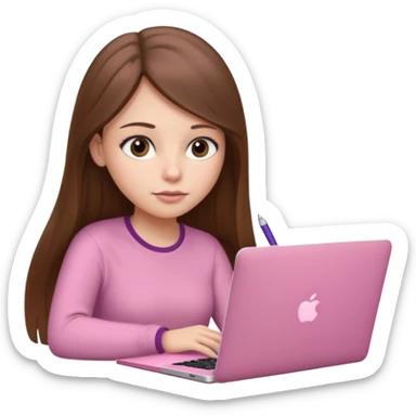 Chica lacia peli larga y peli larga  en una MacBook rosa investigando y haciendo tareas con un libro de apuntes y con cara muy linda como modelo sticker