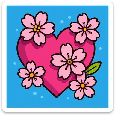 pink heart with sakura flowers, vibrant toon style, bright and lively sticker