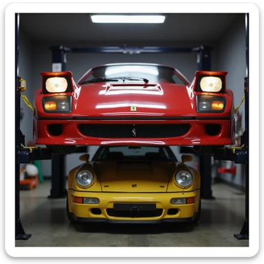 realistic front view of a Ferrari F40 on a car lift with a yellow Porsche GT3 RS underneath, dramatic lighting, transparent background sticker