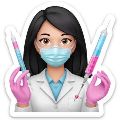 laboratorista con guantes rosa pastel y mascarilla rosa pastel jeringa tubo laboratorio sin lentes pelo lacio negro y largo sticker