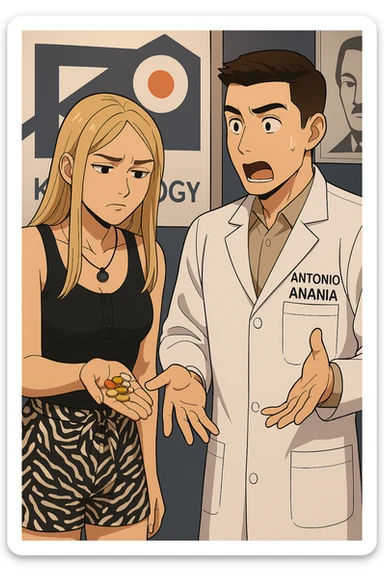 fai un webtoon/manga a colori con questo kinesiologo in camice bianco (fagli la scritta "ANTONIO ANANIA" SUL CAMICE) CHE PARLA CON QUESTA RAGAZZA. LA RAGAZZA HA UN PUGNO DI INTEGRATORI IN MANO (TANTE PILLOLE DIVERSE) E LE GUARDA DUBBIOSA. IL KINESIOLOGO CON IL CAMICE BIANCO LE DOMANDA UNA COSA SCIOCCATO. NON FARE I FUMETTI, FAI SOLO LORO COME SE DIALOGASSERO sticker