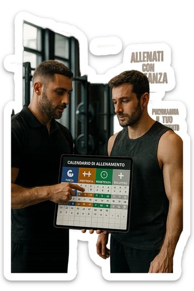 realistic cinematic photo a personal trainer and a client stand in a modern gym, reviewing a large, color-coded training calendar or chart on a tablet. The calendar shows different phases (strength, hypertrophy, endurance, recovery) with icons and dates. Around them, gym equipment and motivational posters reinforce the idea of structured, periodized training. in italiano sticker