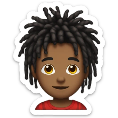 Brownskin boy with red and black striped dreads,  black t shirt,  not smiling sticker