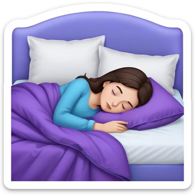 a white bed with a purple-blue duvet cover and a girl sleeping in it with dark brown hair sticker