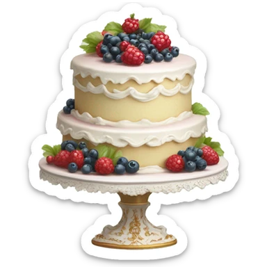aesthetic vintage rococo cake with white icing, berries on cake stand  sticker