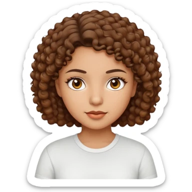 A Latina girl with brown eyes and short curly hair with a white shirt sticker