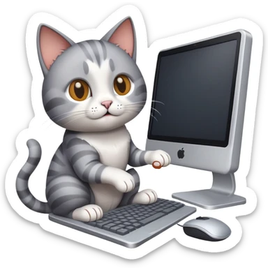 The cat is sitting at the computer and poking at the keyboard with its paw. sticker