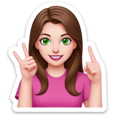 mid sized white skinned girl with green eyes and long brown hair showing her middle finger smiling maniacally in a pink t-shirt with pink lips sticker