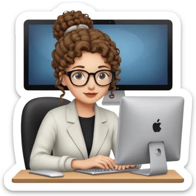 chica con pelo rizado en moño al ordenador sticker