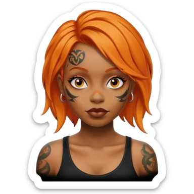 black woman with tattooed faces and orange hair sticker