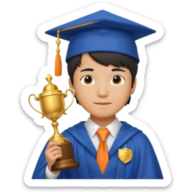 An asian man wearing student hat, blue student mantle and orange tie, holding a trophey sticker
