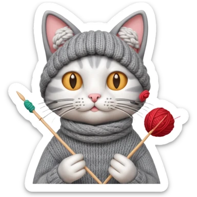 knitting cat portrait, head and shoulders only, cute cat holding knitting needles and yarn, cozy expression, warm handmade vibe, 3D cartoon style, mobile game icon style, clean background, no text, no watermark
 sticker