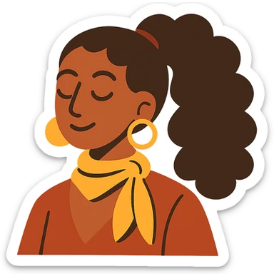 boho girl with brown skin, long curly brown hair in a high ponytail, lemon yellow scarf, round earrings sticker