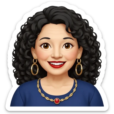 60 yr old Mexican woman, slightly chubby, wavy/curly long black hair, red lipstick, big smile, white teeth, brown eyes, hoop earings, side part to hair, round face, nice blouse, no wrinkle hair side swept, big hoop earing sticker